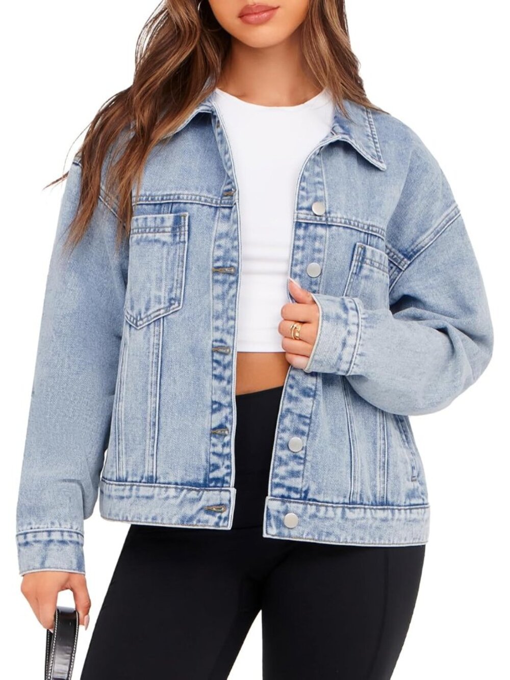 Women's Light Blue Oversized Jean Jacket Casual Long Sleeve Button Down Jacket